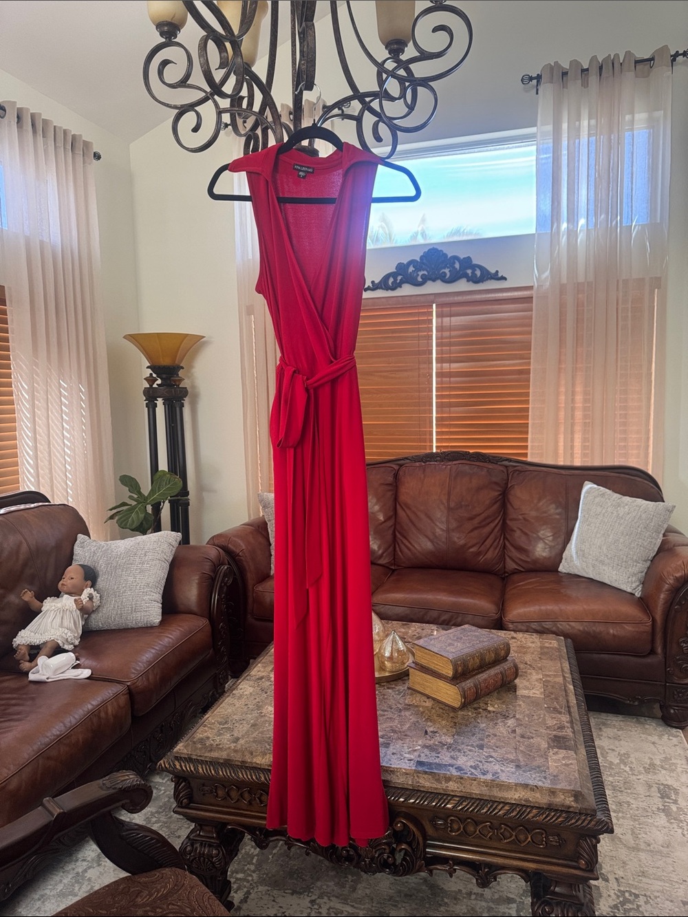 Nina Leonard Red Sleeveless Wrap Jumpsuit
